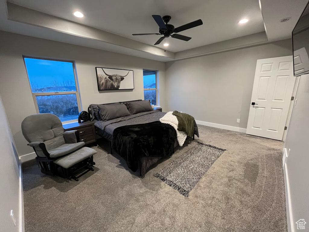 Carpeted bedroom featuring a tray ceiling and ceiling fan