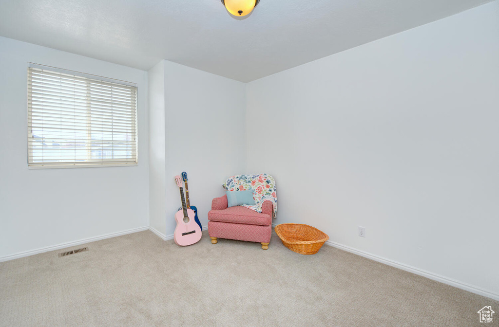 Sitting room featuring light carpet