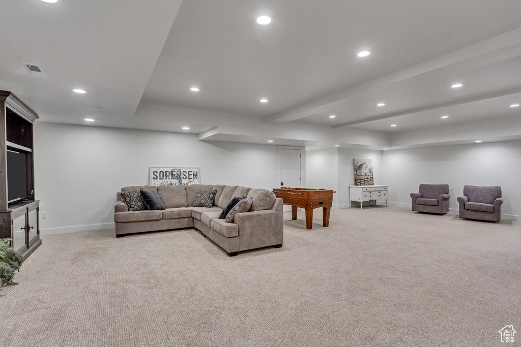 Living room with light colored carpet