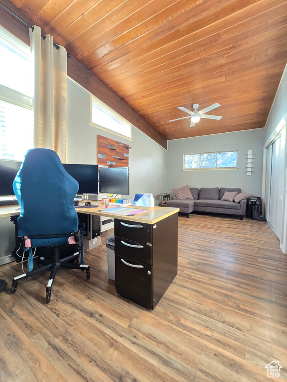 Office area with light hardwood / wood-style floors, ceiling fan, wooden ceiling, and vaulted ceiling with beams