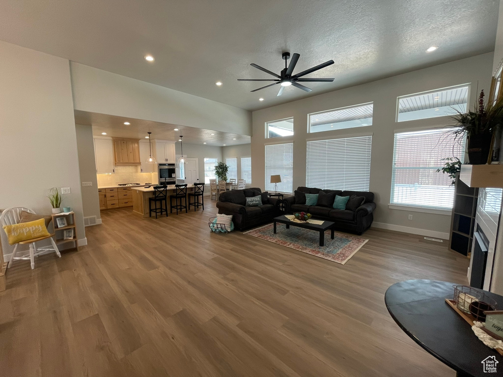 Living room featuring a healthy amount of sunlight, ceiling fan, and hardwood / wood-style floors