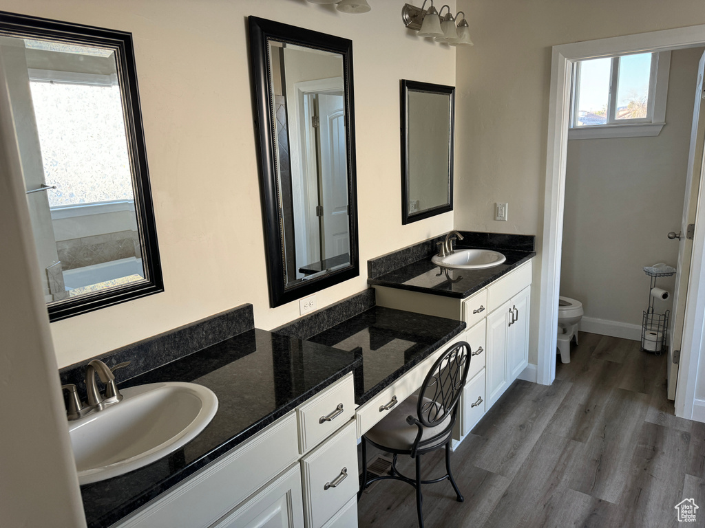 Bathroom with large vanity, hardwood / wood-style flooring, dual sinks, and toilet