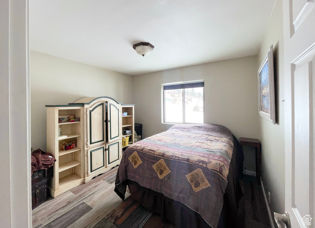 Bedroom with hardwood / wood-style floors