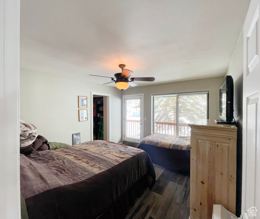Bedroom featuring dark hardwood / wood-style flooring, a walk in closet, ceiling fan, and access to exterior