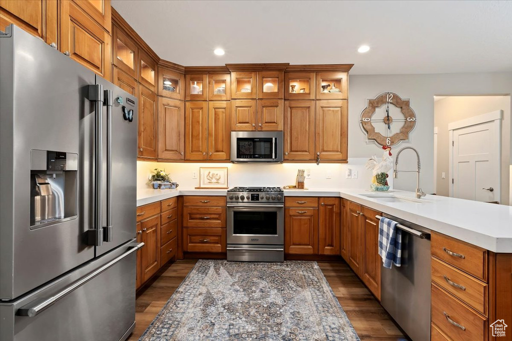 Kitchen featuring dark hardwood / wood-style floors, kitchen peninsula, high quality appliances, and sink