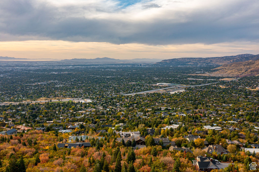 Aerial view at dusk with a mountain view