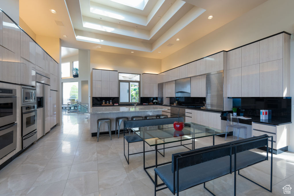 Kitchen with a tray ceiling, backsplash, a high ceiling, and a center island