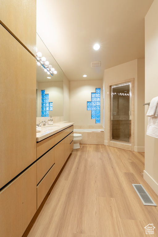 Bathroom with hardwood / wood-style floors, an enclosed shower, vanity, and toilet