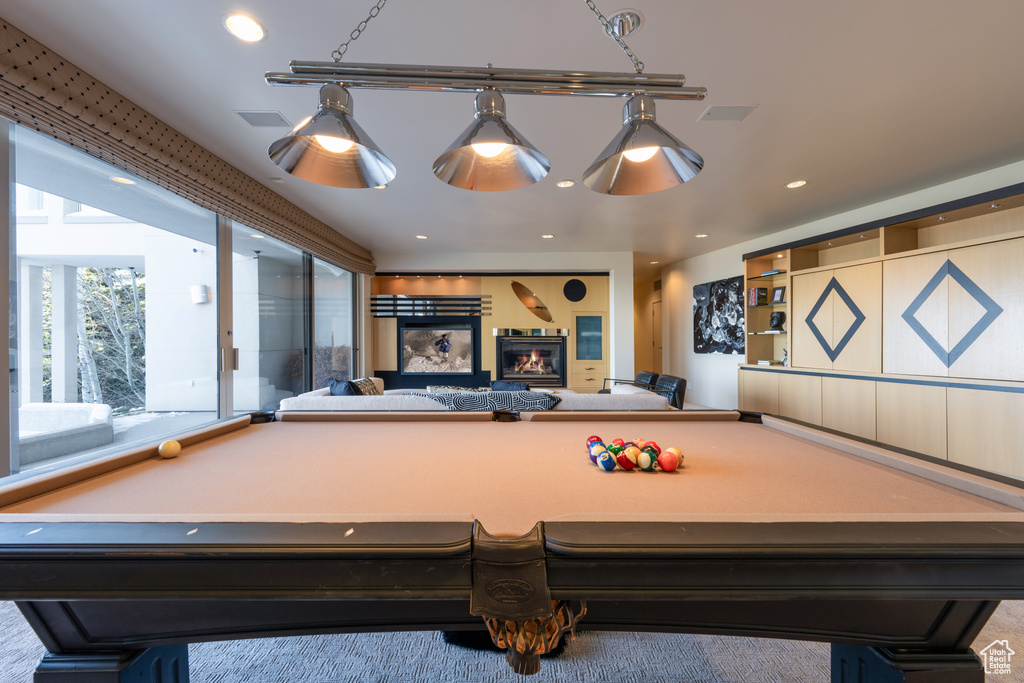 Playroom featuring pool table and carpet