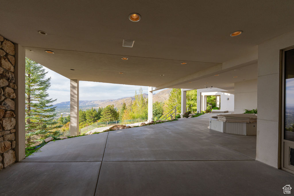 View of patio with a mountain view