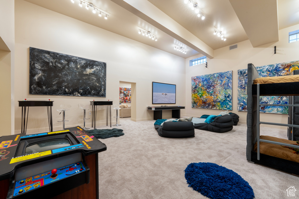 Game room featuring rail lighting and light colored carpet