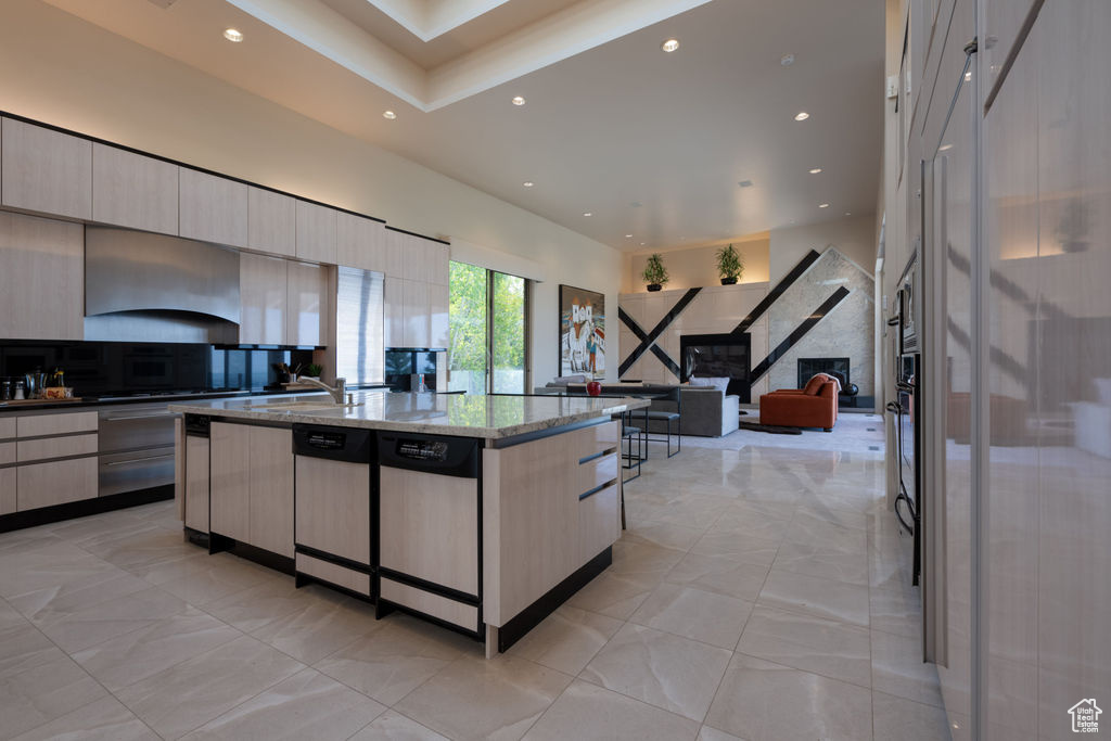 Kitchen with light stone counters, dishwasher, exhaust hood, and a spacious island