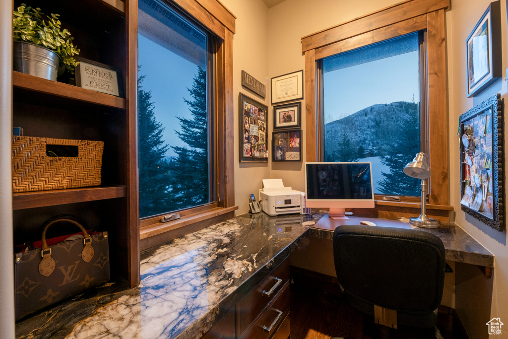 Office area featuring a mountain view, built in desk, and dark hardwood / wood-style flooring