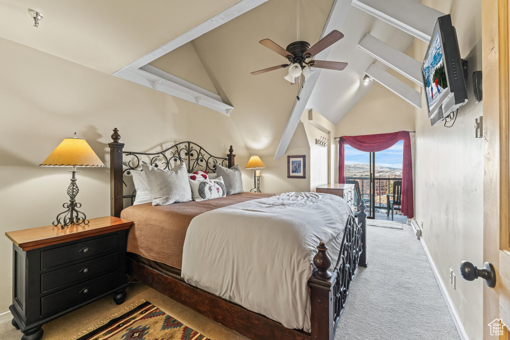 Bedroom featuring ceiling fan, light carpet, and access to outside