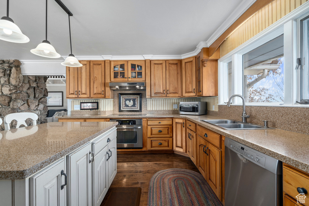 Kitchen with white cabinets, dark wood-type flooring, sink, decorative light fixtures, and appliances with stainless steel finishes