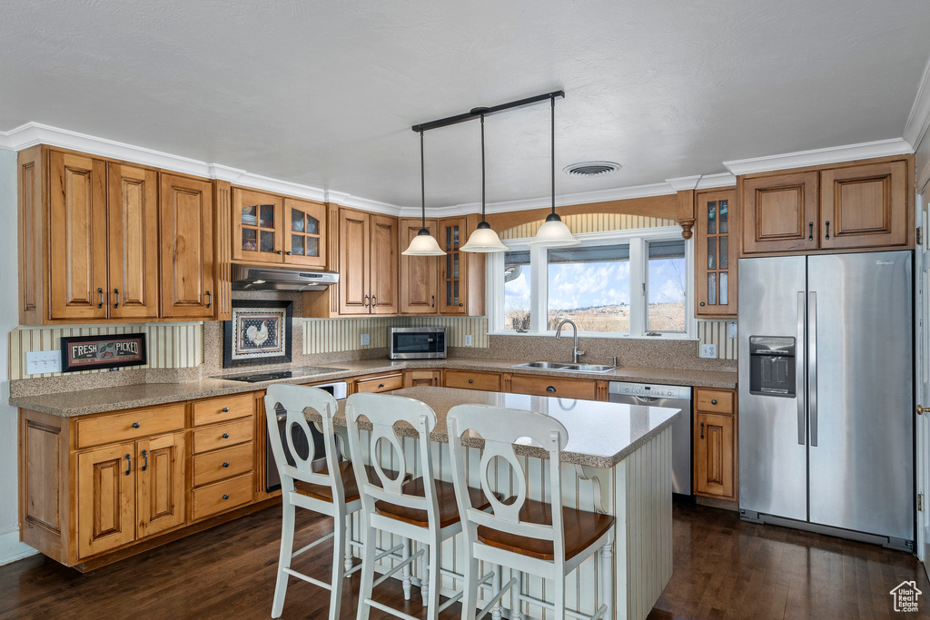 Kitchen with stainless steel appliances, a kitchen bar, a kitchen island, sink, and dark hardwood / wood-style floors