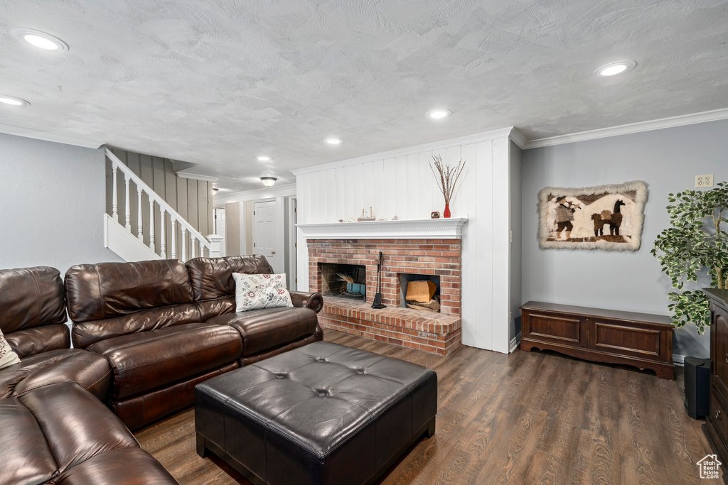 Living room featuring dark hardwood / wood-style flooring, a fireplace, and ornamental molding