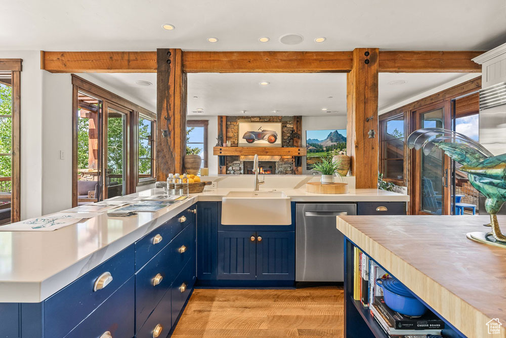 Kitchen featuring light hardwood / wood-style floors, dishwasher, a healthy amount of sunlight, blue cabinetry, and sink