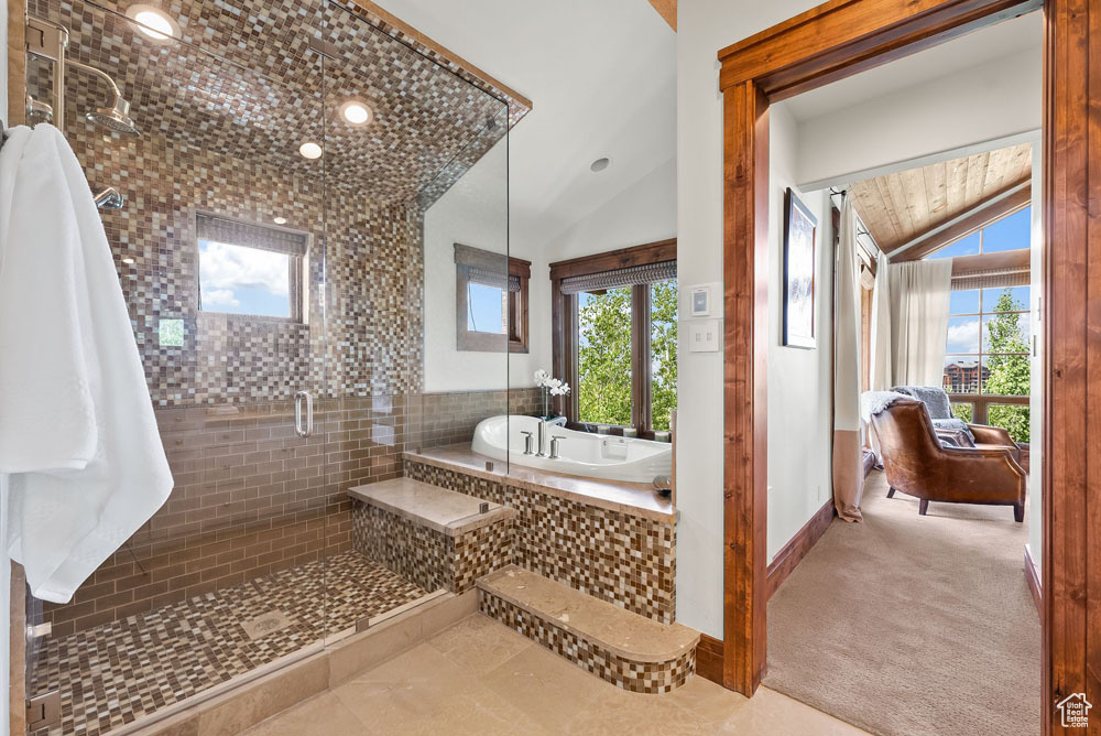 Bathroom with a healthy amount of sunlight, vaulted ceiling, and separate shower and tub