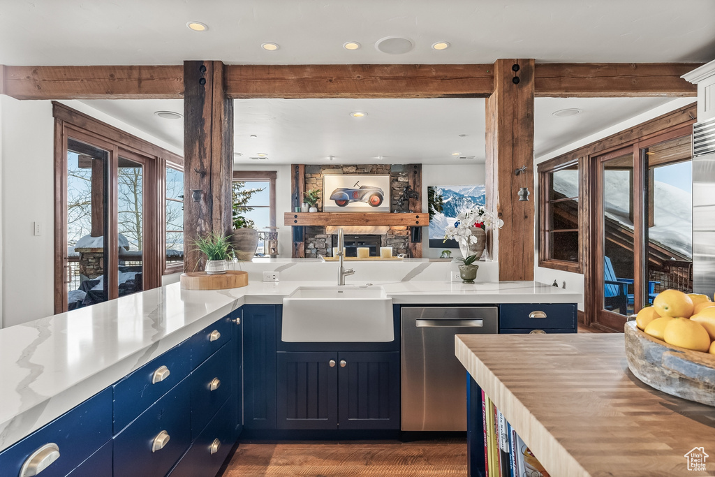 Kitchen with dishwasher, a fireplace, blue cabinetry, dark hardwood / wood-style flooring, and sink