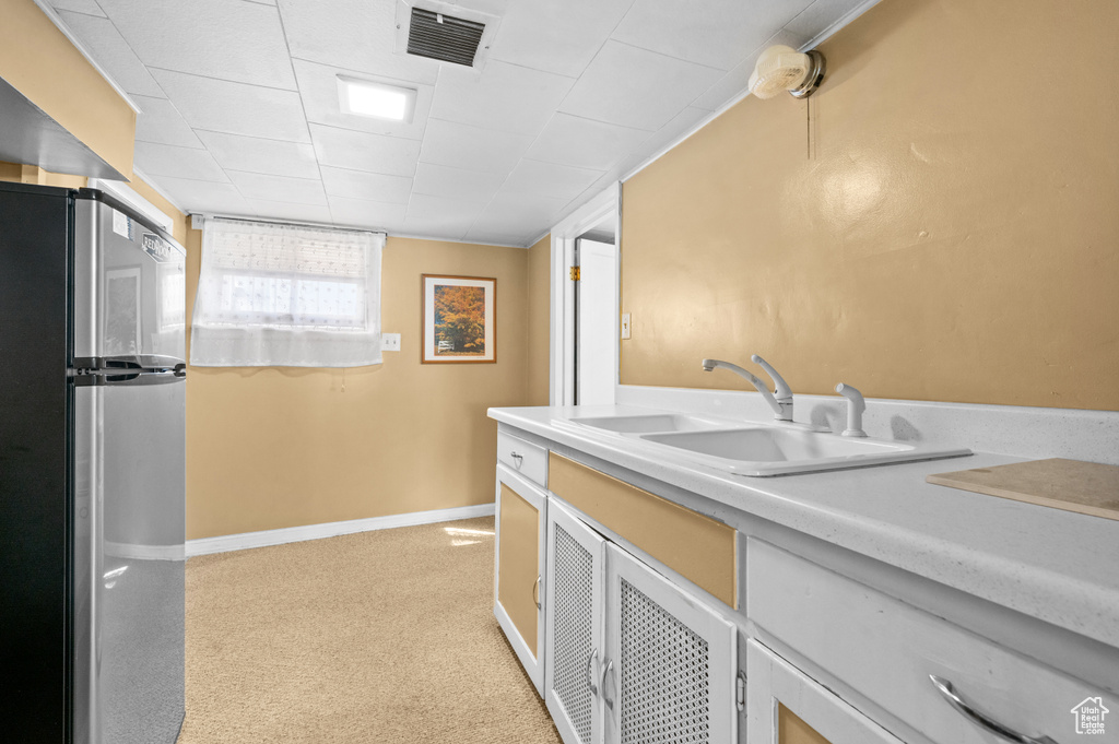 Washroom featuring sink and light carpet