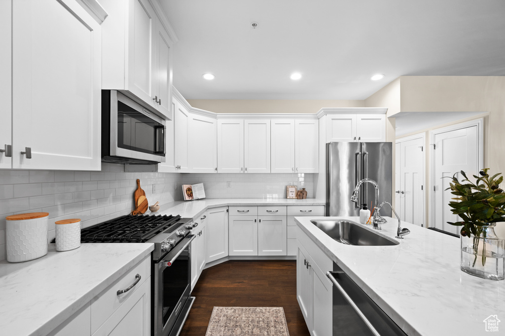 Kitchen with high quality appliances, white cabinetry, sink, and dark hardwood / wood-style flooring