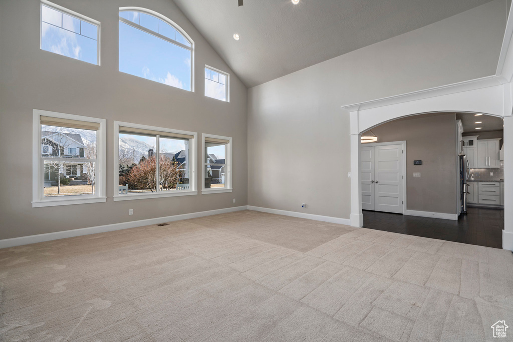 Empty room with light carpet and high vaulted ceiling