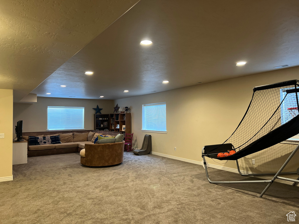 Living area featuring a healthy amount of sunlight and light colored carpet