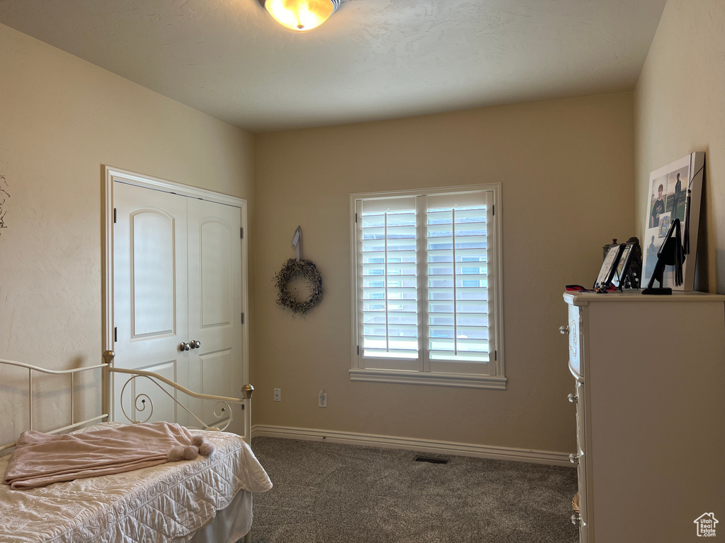Bedroom featuring dark colored carpet, multiple windows, and a closet