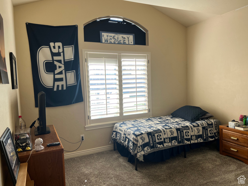 Bedroom with multiple windows and dark carpet