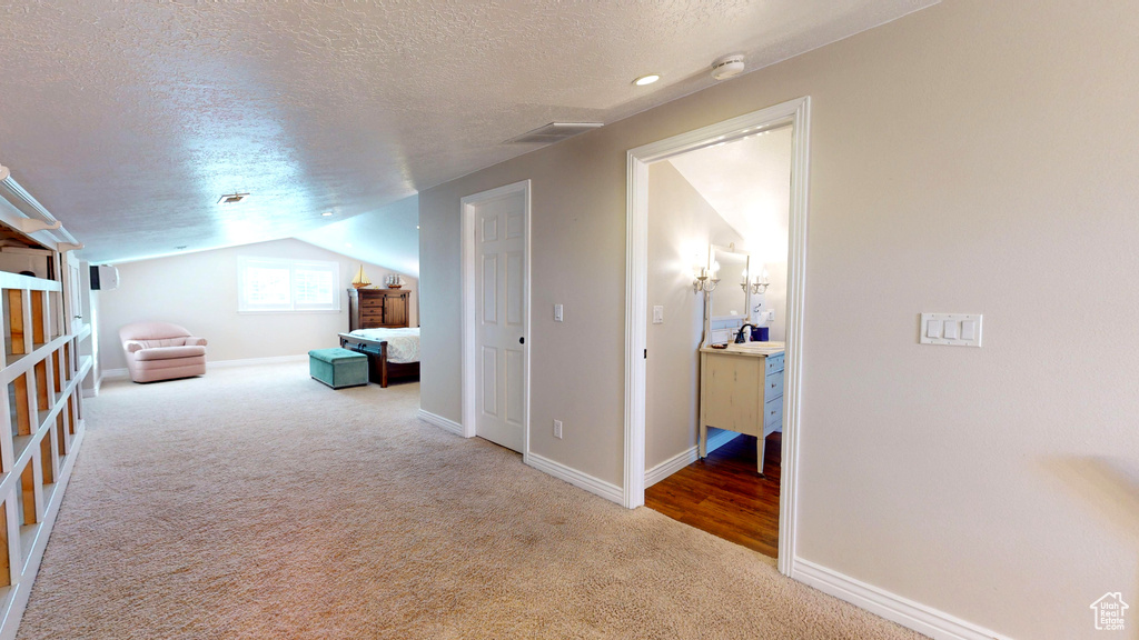 Interior space with lofted ceiling, light colored carpet, and a textured ceiling