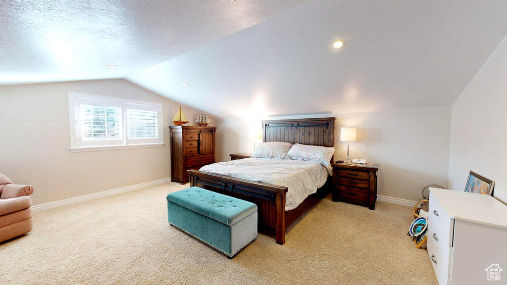 Bedroom with light colored carpet, lofted ceiling, and a textured ceiling