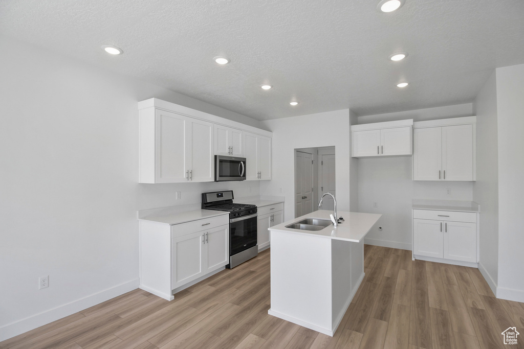 Kitchen with appliances with stainless steel finishes, light hardwood / wood-style flooring, sink, and an island with sink