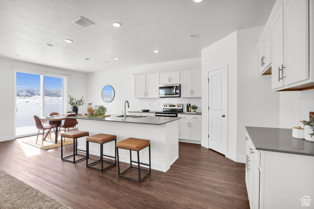 Kitchen featuring appliances with stainless steel finishes, dark hardwood / wood-style floors, a breakfast bar, and an island with sink