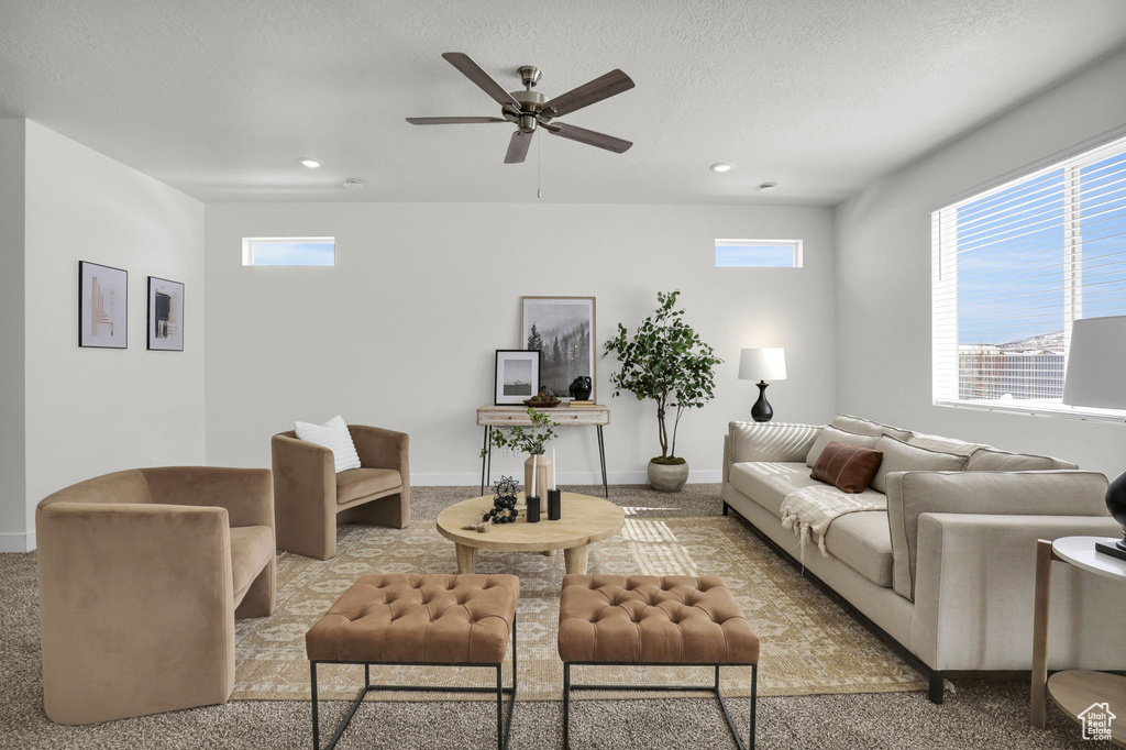 Carpeted living room with ceiling fan and a healthy amount of sunlight