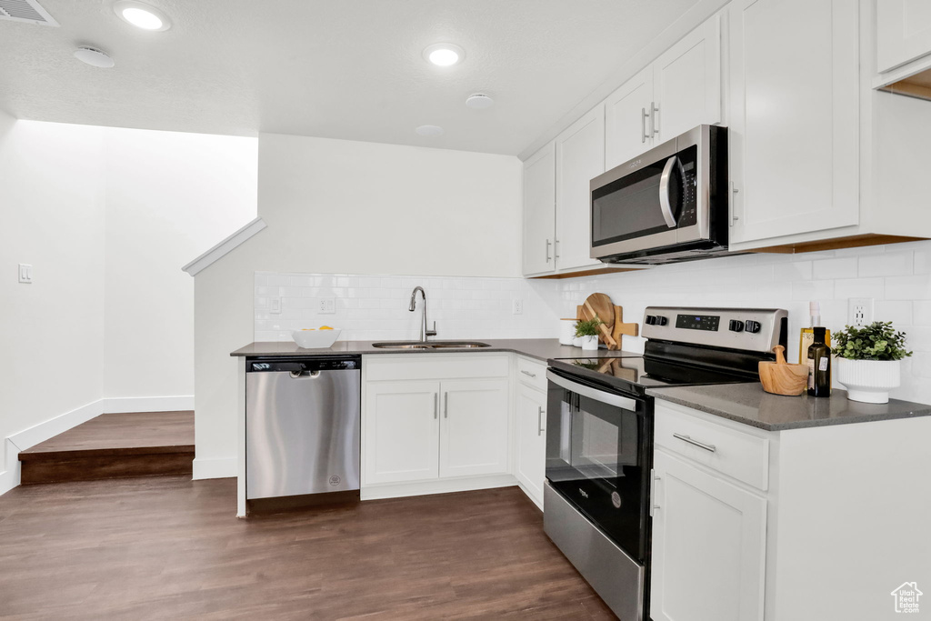 Kitchen with white cabinets, dark wood-type flooring, sink, and stainless steel appliances