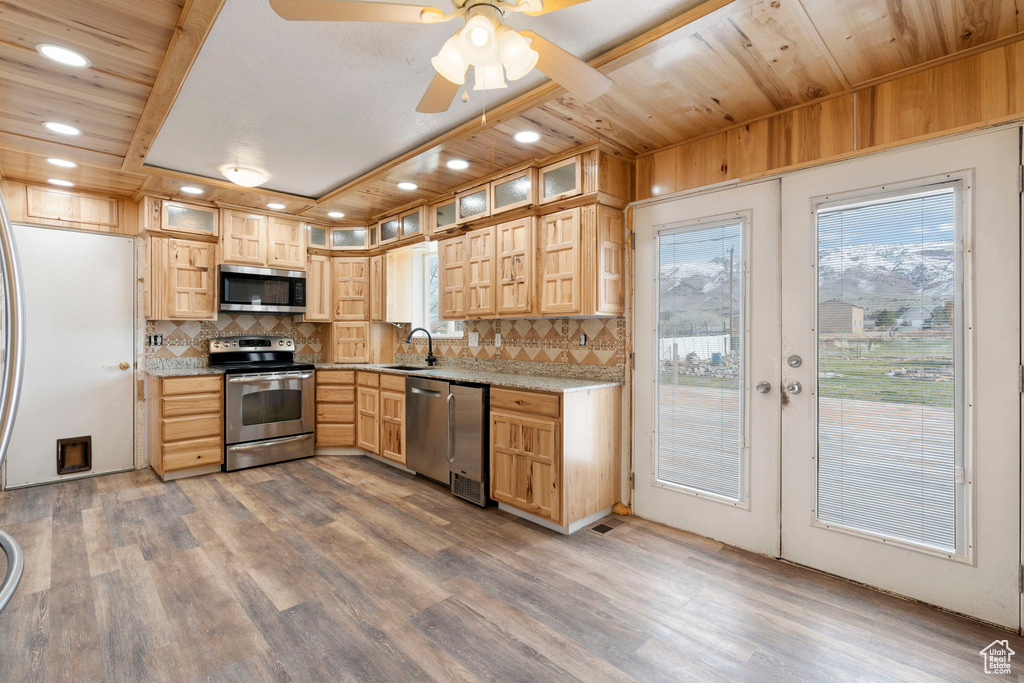 Kitchen with hardwood / wood-style floors, a wealth of natural light, and stainless steel appliances