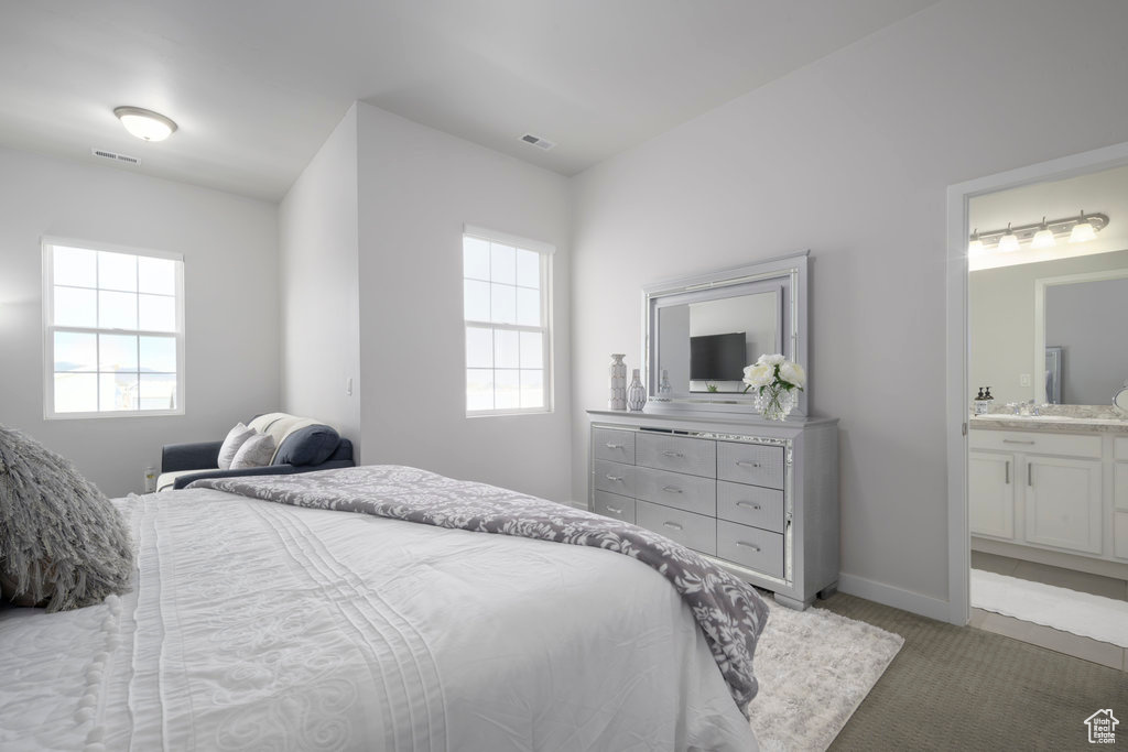 Bedroom with multiple windows, connected bathroom, and light colored carpet