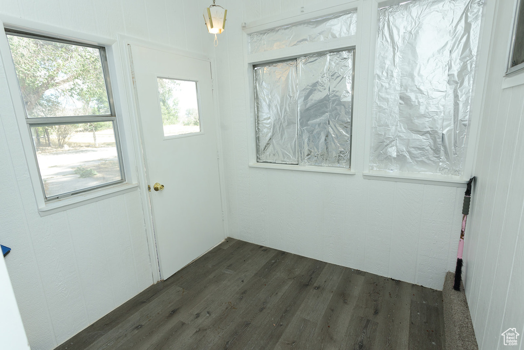 Unfurnished room with dark hardwood / wood-style floors and a healthy amount of sunlight