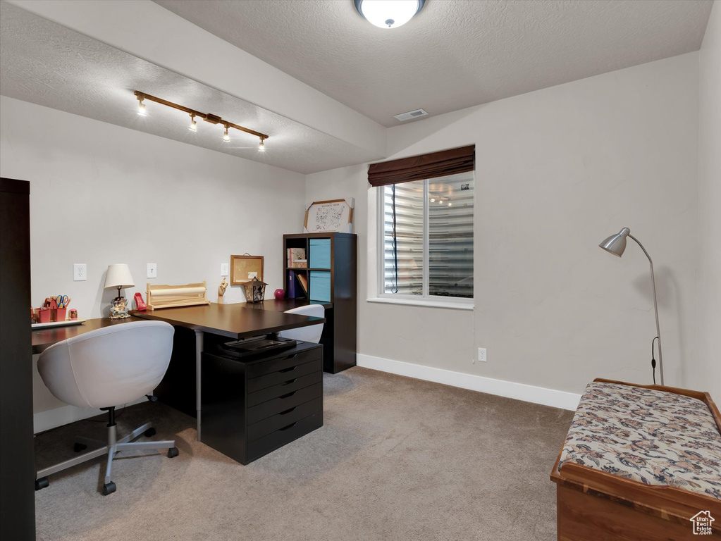 Office space with dark colored carpet, rail lighting, and a textured ceiling
