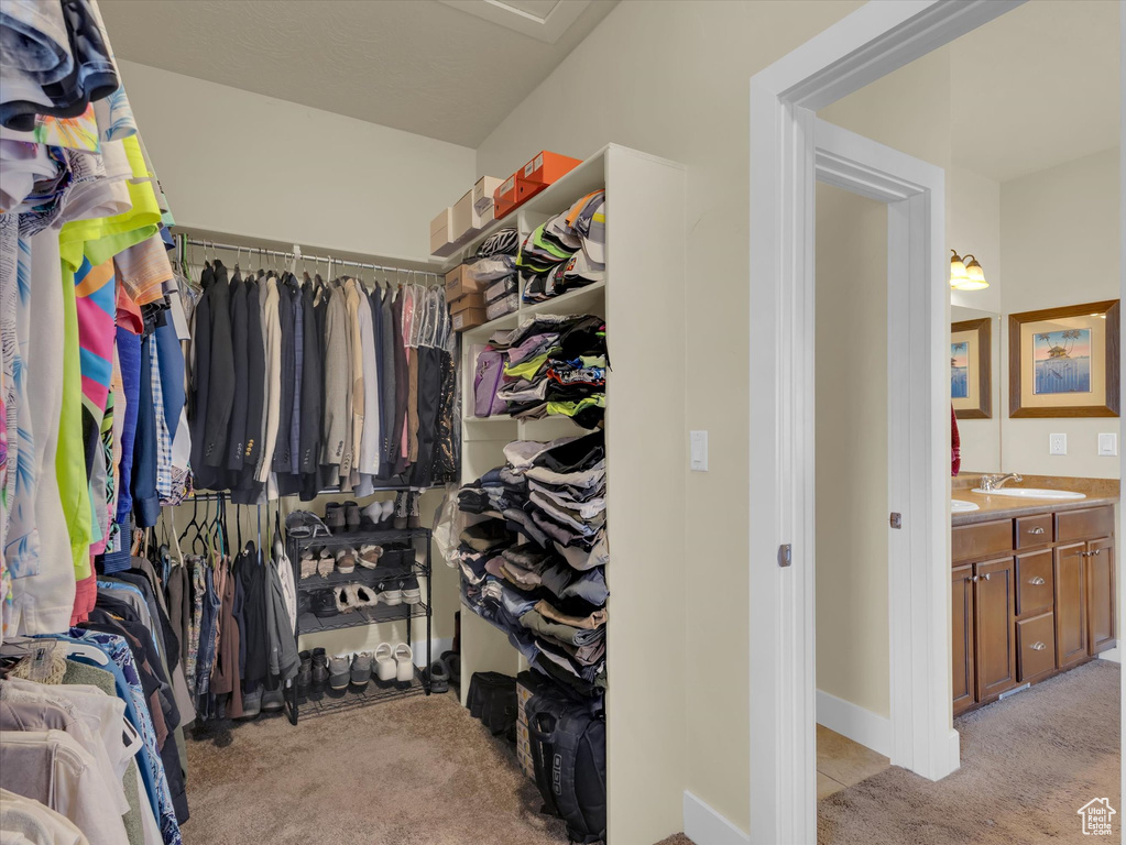 Walk in closet with light colored carpet and sink