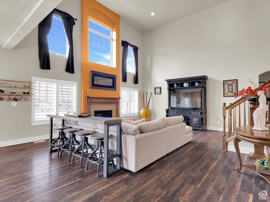 Living room featuring plenty of natural light, dark hardwood / wood-style flooring, and a towering ceiling