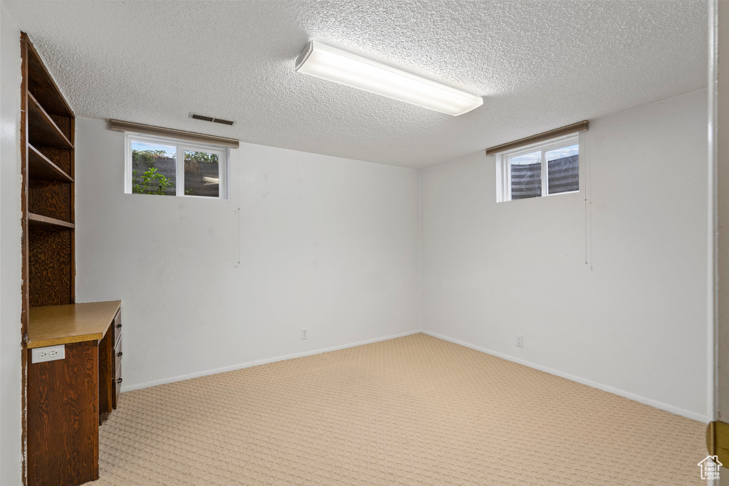 Basement with light carpet and a textured ceiling