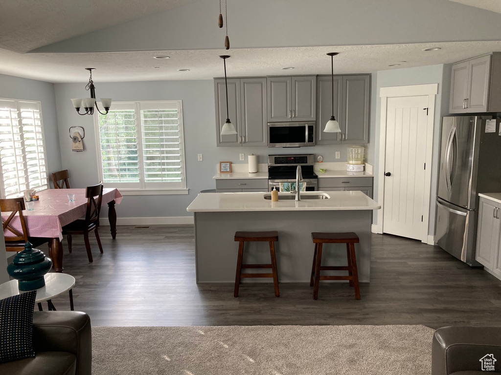Kitchen featuring pendant lighting, lofted ceiling, gray cabinets, appliances with stainless steel finishes, and dark wood-type flooring