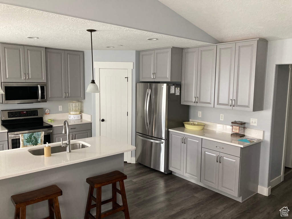 Kitchen with dark wood-type flooring, a kitchen breakfast bar, vaulted ceiling, decorative light fixtures, and appliances with stainless steel finishes