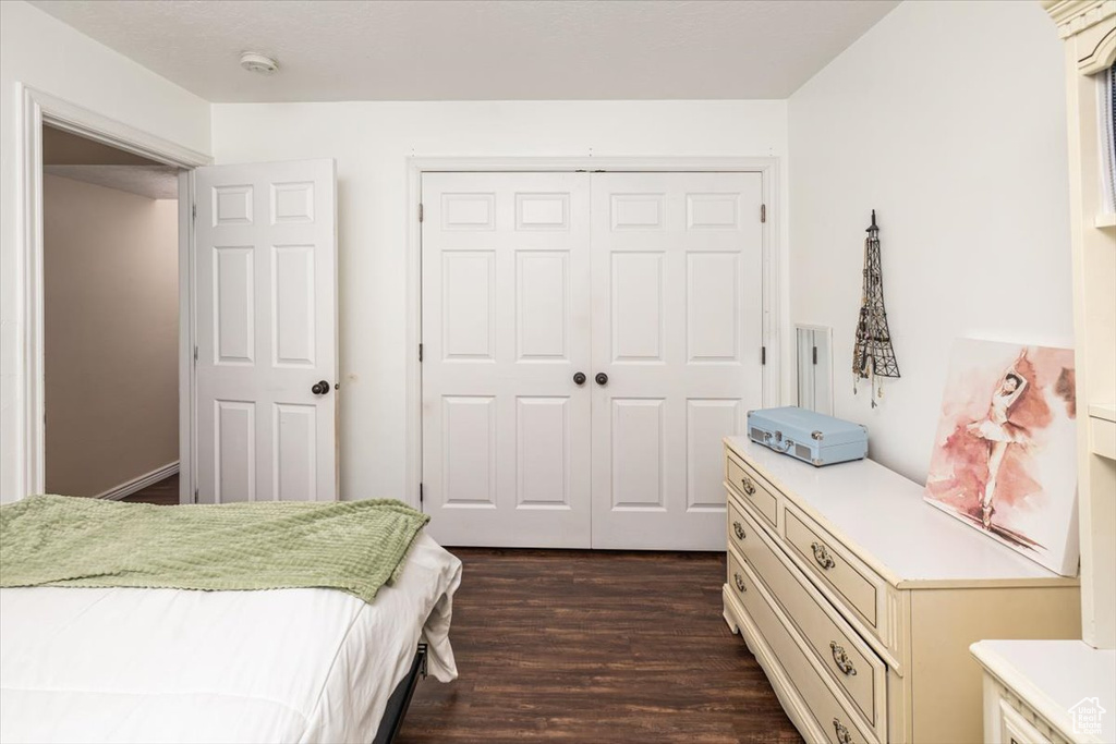 Bedroom with dark wood-type flooring and a closet