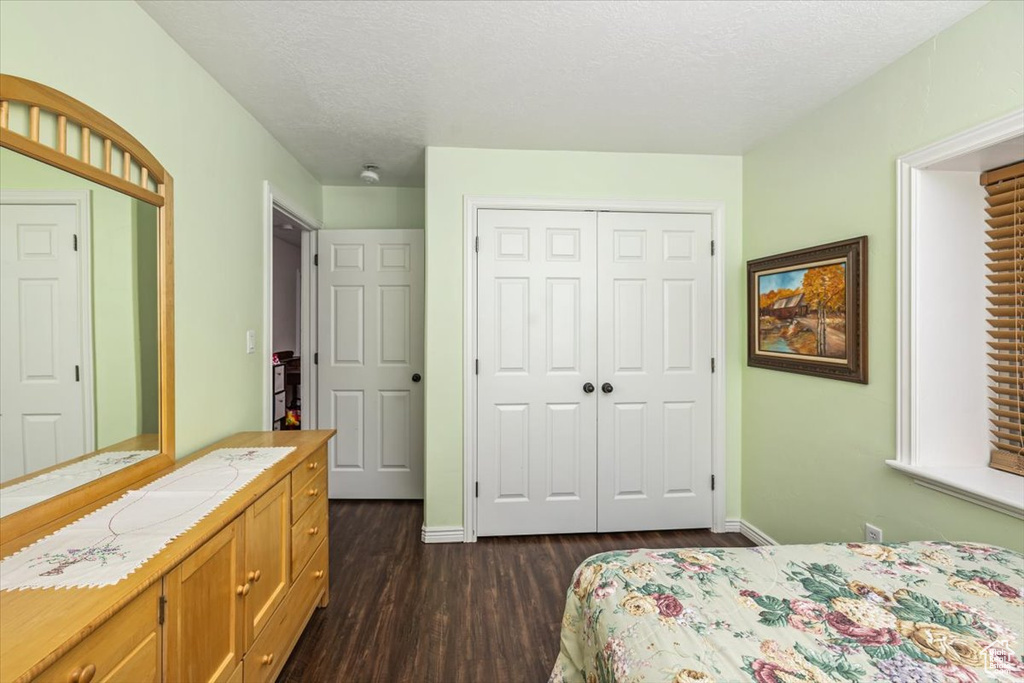 Bedroom featuring dark wood-type flooring, a textured ceiling, and a closet