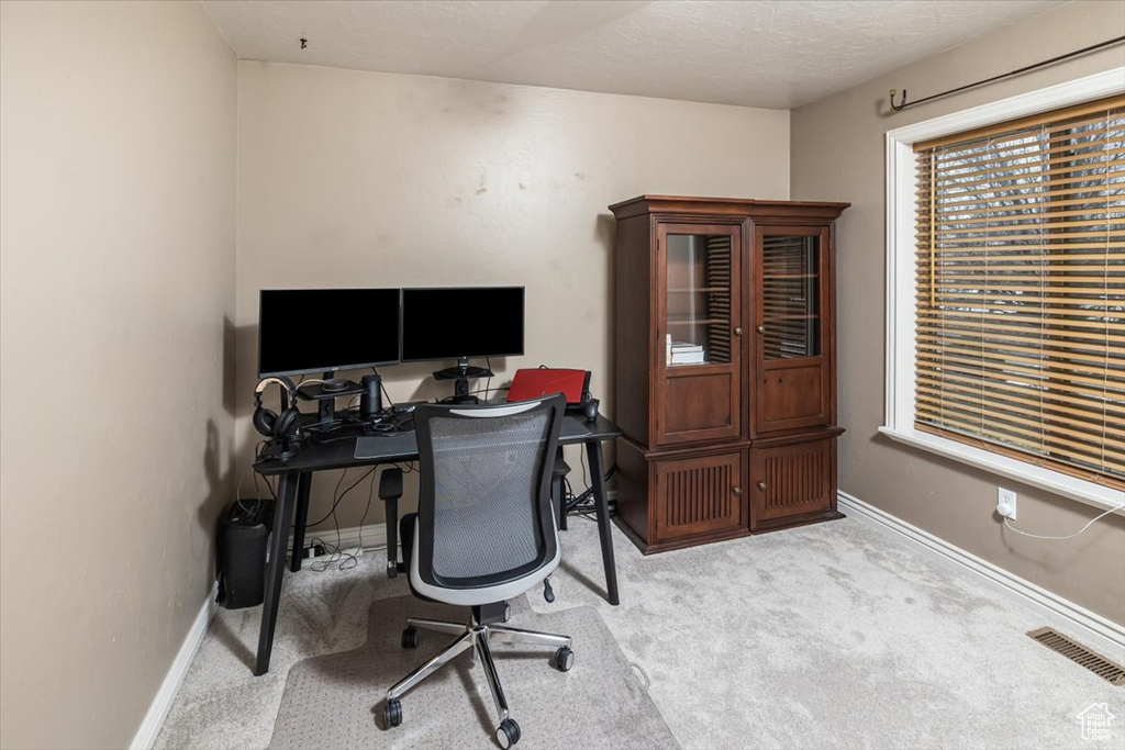 Office area with light colored carpet