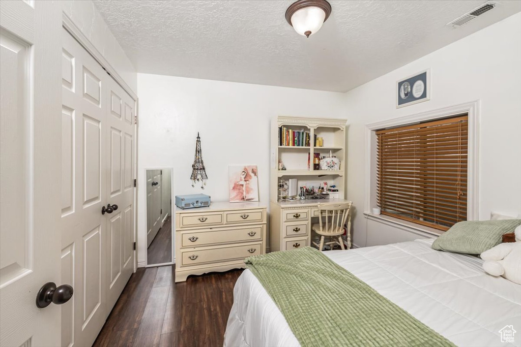 Bedroom featuring dark hardwood / wood-style floors, a closet, and a textured ceiling