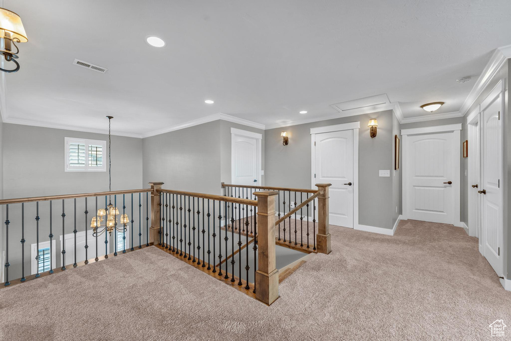 Hall featuring light carpet and crown molding
